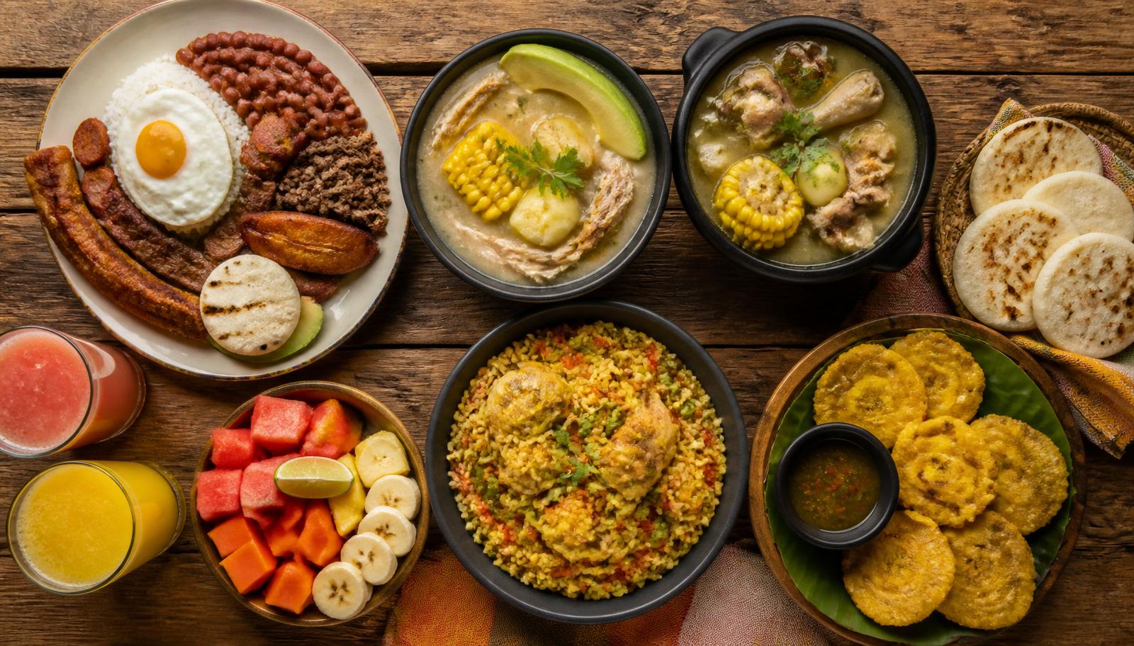 Platos típicos colombianos servidos en mesa de madera