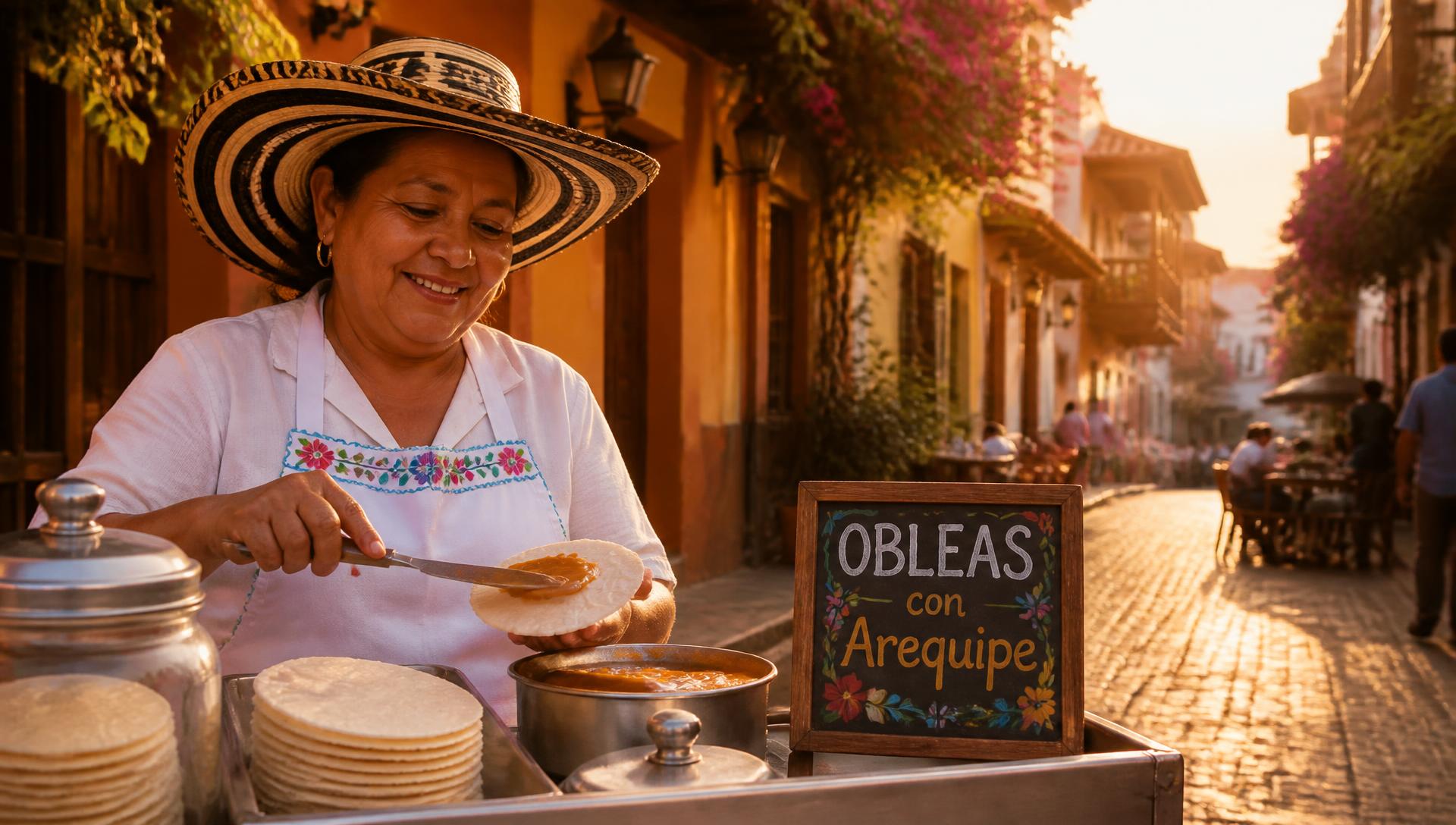 Vendedora colombiana preparando obleas con arequipe en una calle colonial al atardecer
